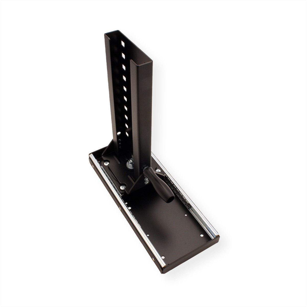 Black metal rack mount bracket, with a handle, on a white background.