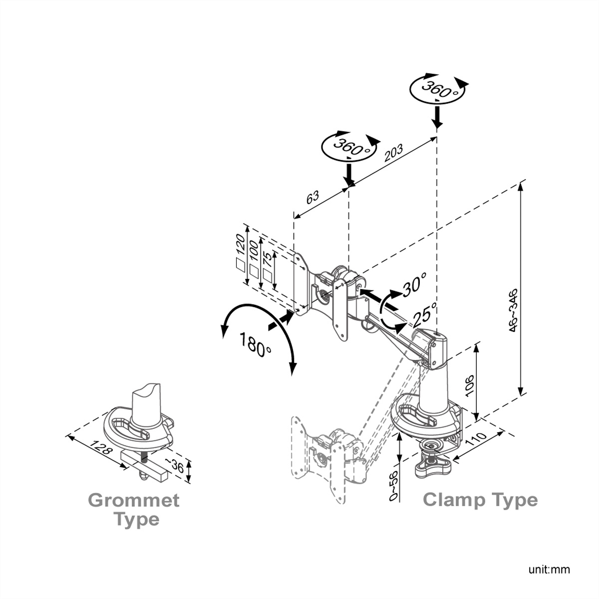 Schema di un supporto per monitor, con dimensioni, etichettato 'Grommet Type' e 'Clamp Type'.