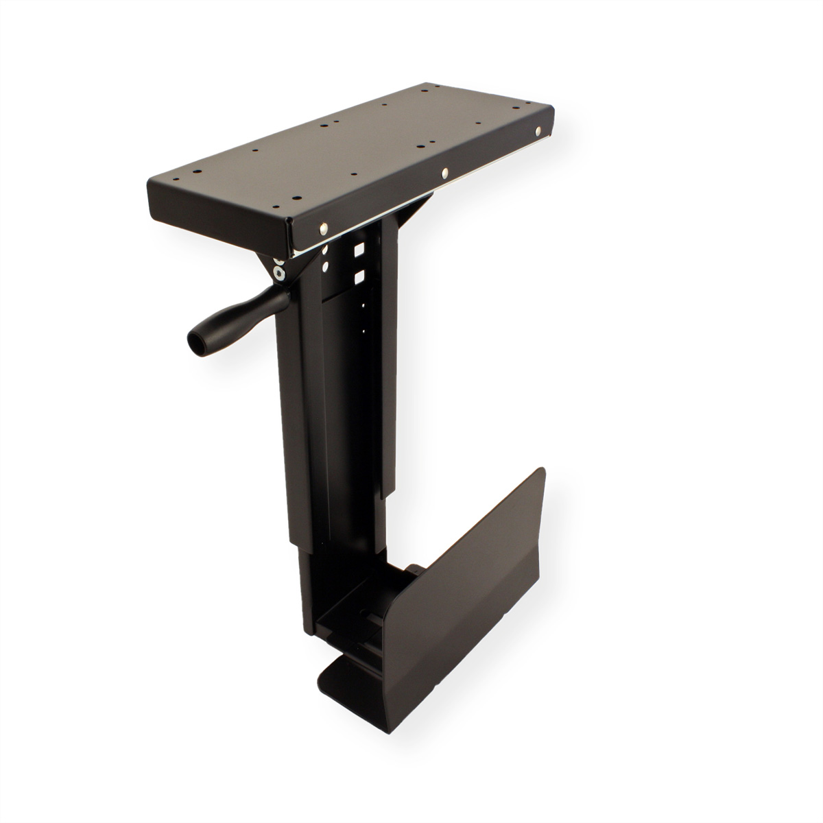 Black monitor stand with a handle.