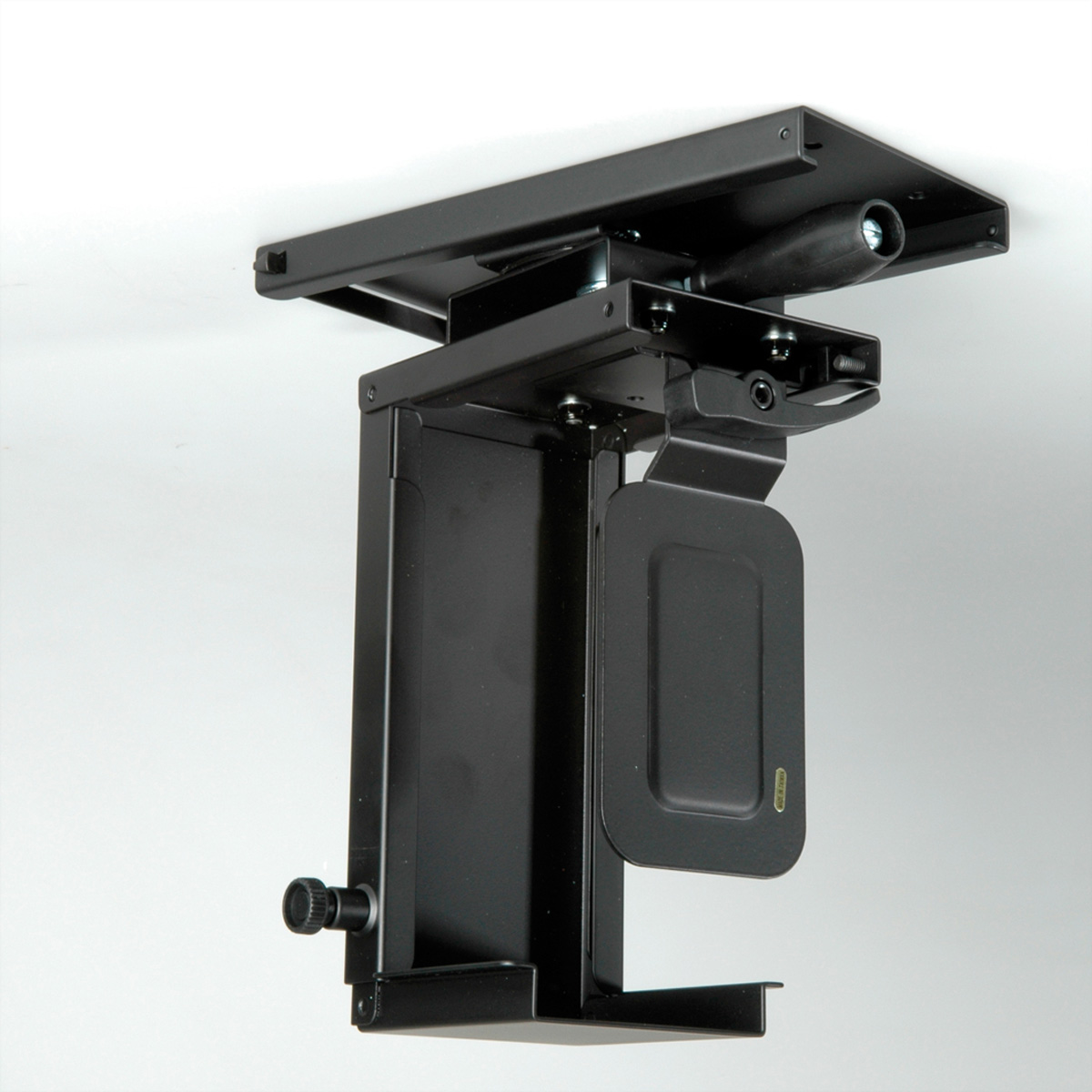 A black projector mount installed on a white ceiling. It has multiple adjustable components.