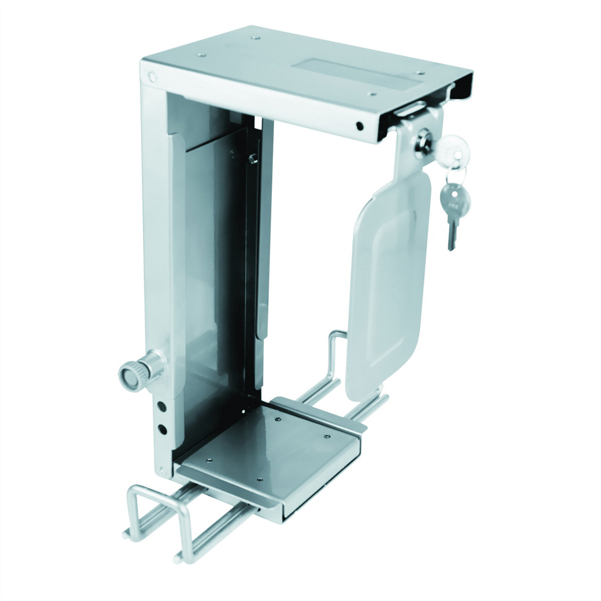 A silver CPU holder with a key, mounted on a white surface.