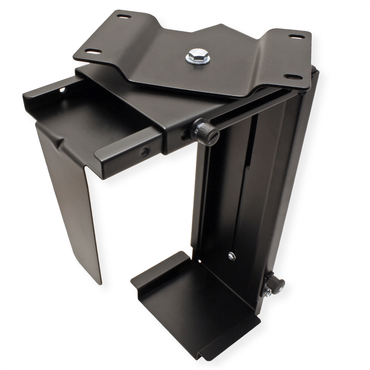 Black computer stand on a white background, designed for a CPU.