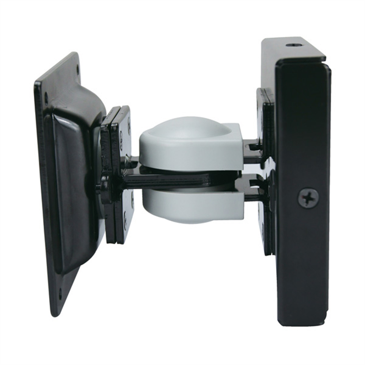 Schwarze und graue Monitorhalterung. Es hat ein graues Kugelgelenk und schwarze Metallplatten.