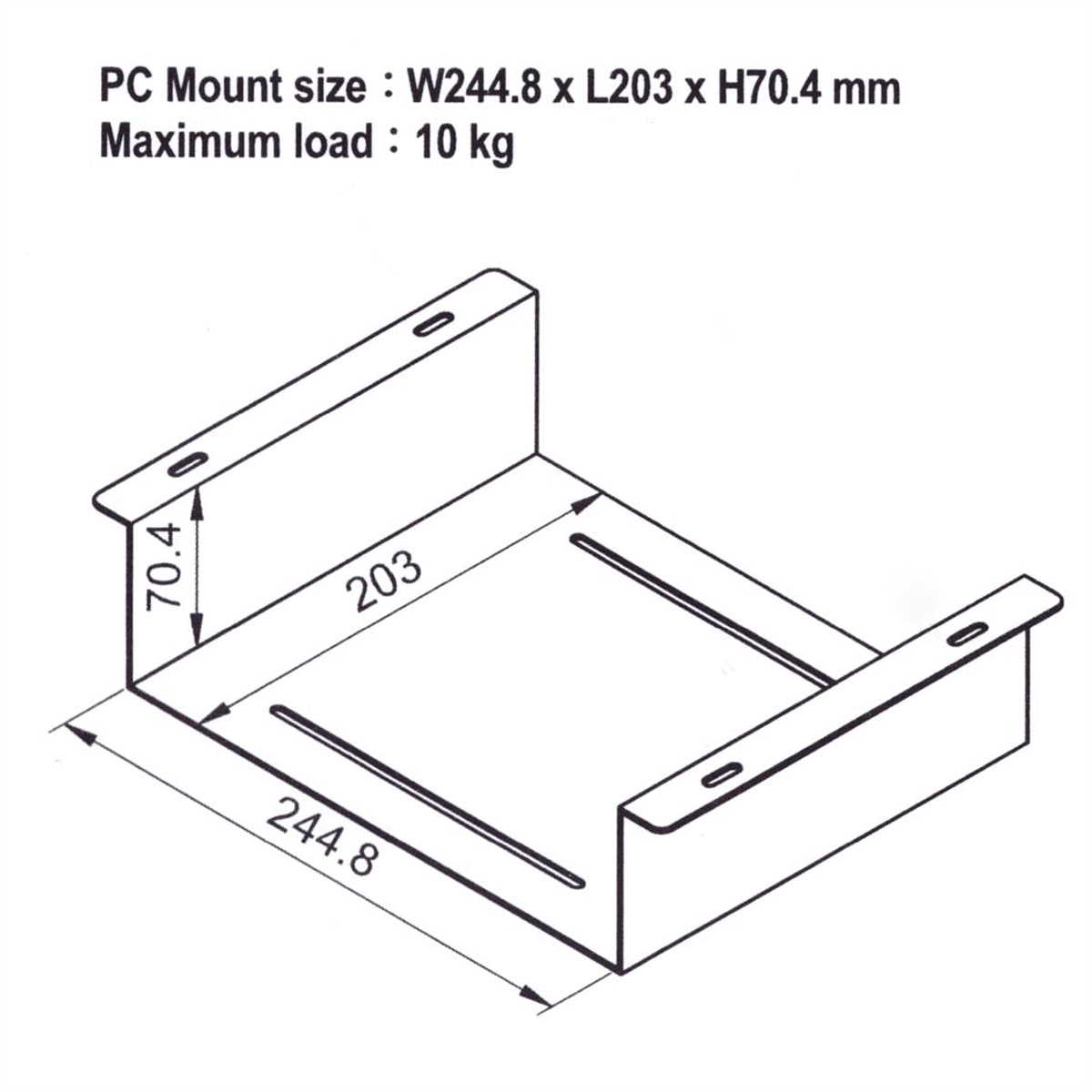 Diagramm einer PC-Halterung mit Maßangaben. Es ist eine rechteckige Metallhalterung. Weißer Hintergrund.