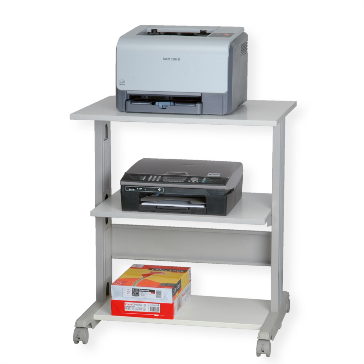 Ein Drucker und ein Scanner auf einem weißen Rollständer. Es gibt auch eine Papierbox auf dem Ständer.