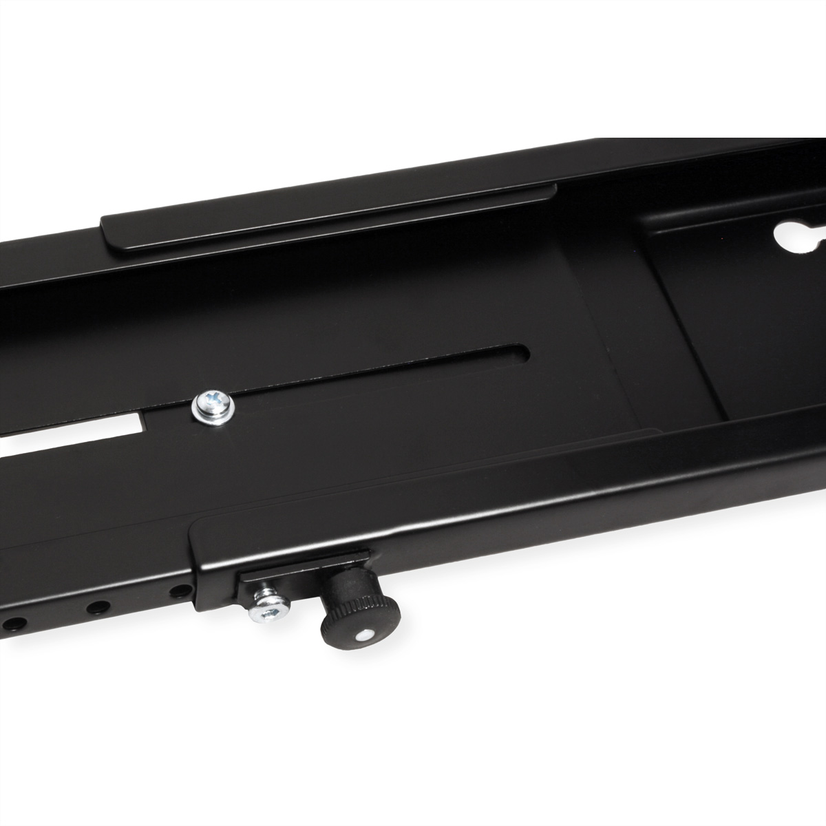 A black metal bracket with a mounting mechanism and a screw for adjusting. Close up shot.