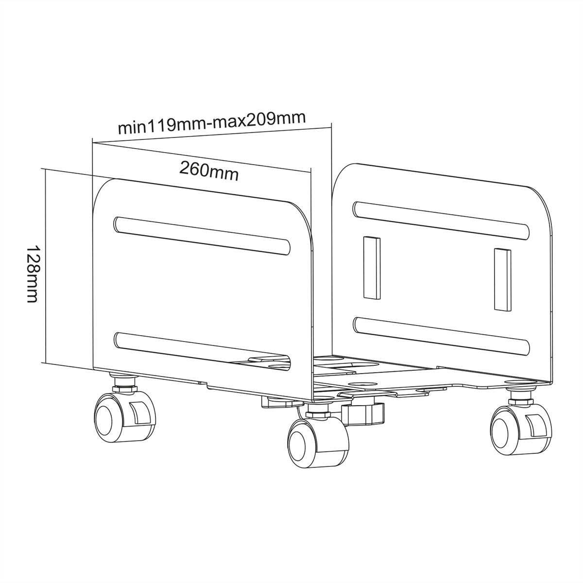Strichzeichnung eines Computerständers mit Rädern. Abmessungen sind angegeben.