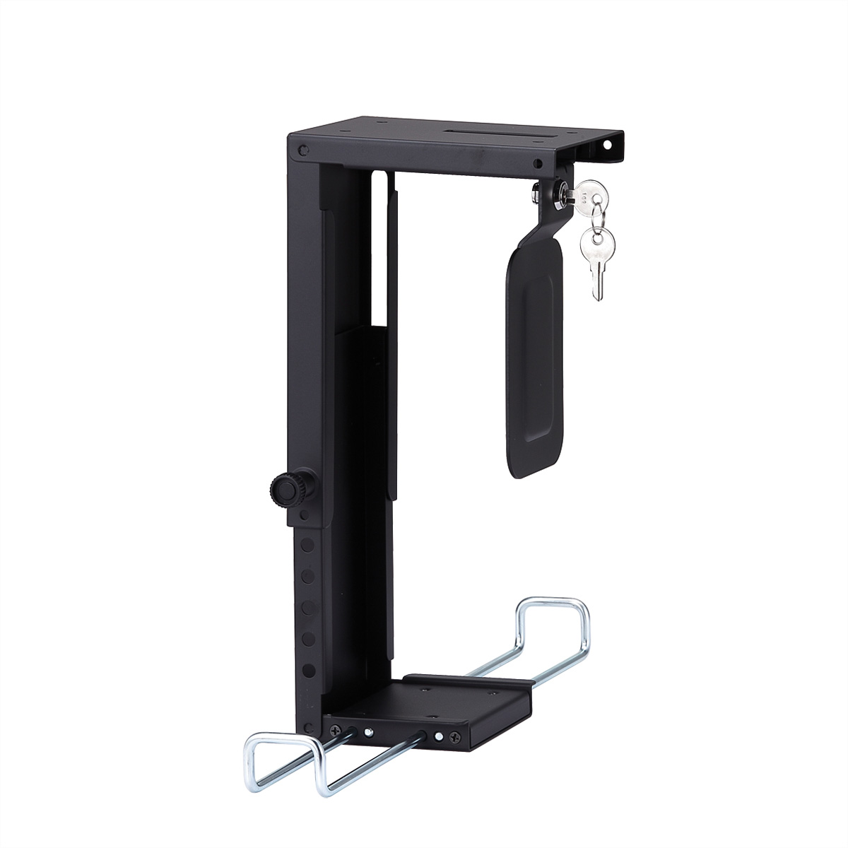 Black PC case mounting bracket with a key, on a white background.
