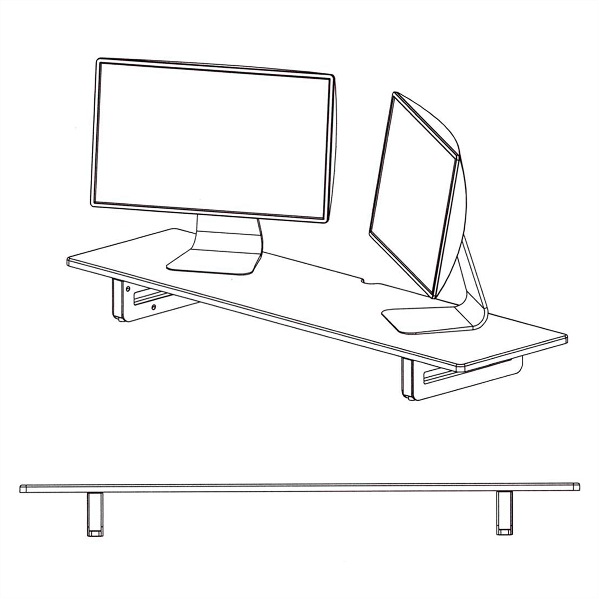 Strichzeichnung von zwei Computermonitoren auf einem langen Schreibtisch.