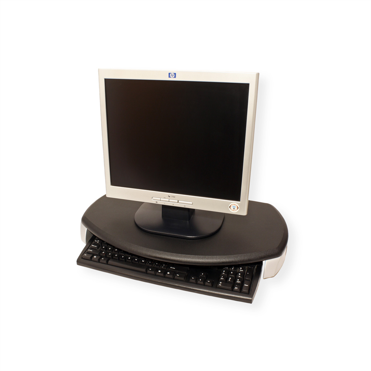 Computermonitor auf einem schwarzen Ständer mit Tastatur.