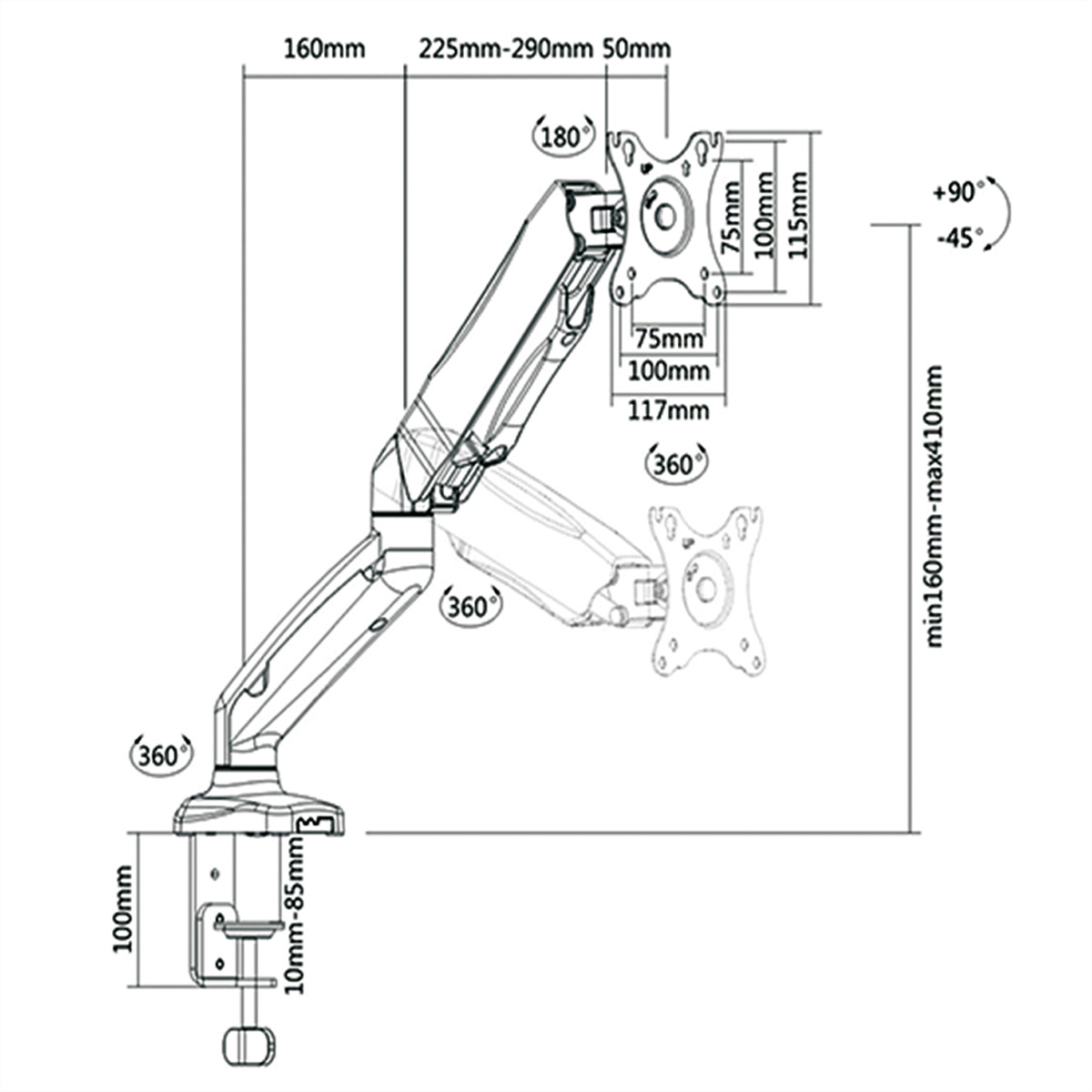 Technische Zeichnung eines Monitorarms mit Abmessungen und Winkeln.