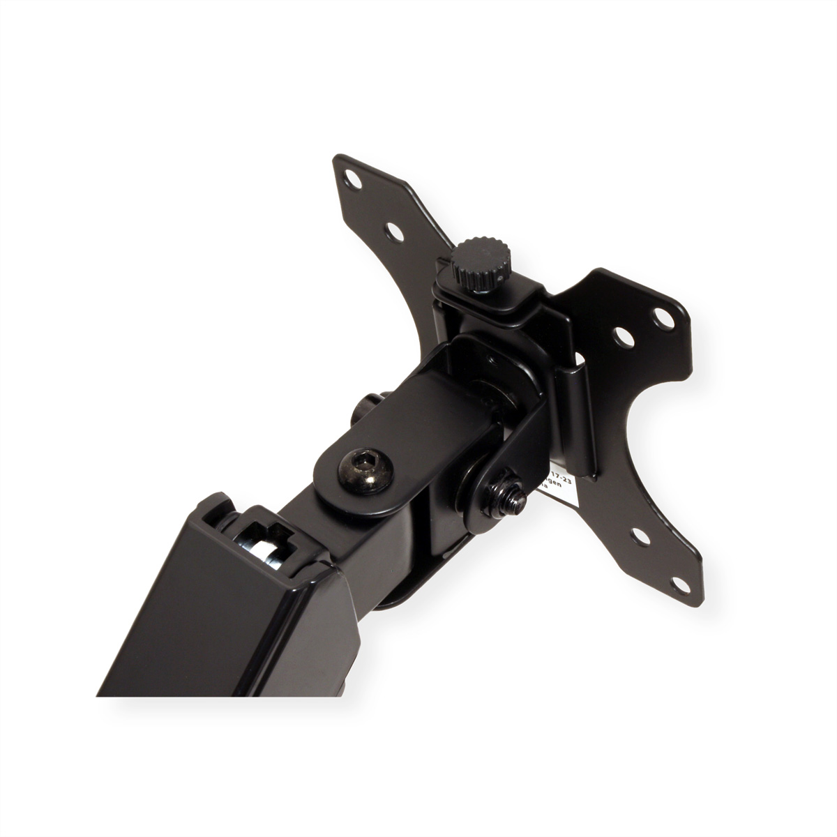Schwarze Monitorarmhalterung. Der Arm ist verstellbar und hat eine Klemme für den Schreibtisch.