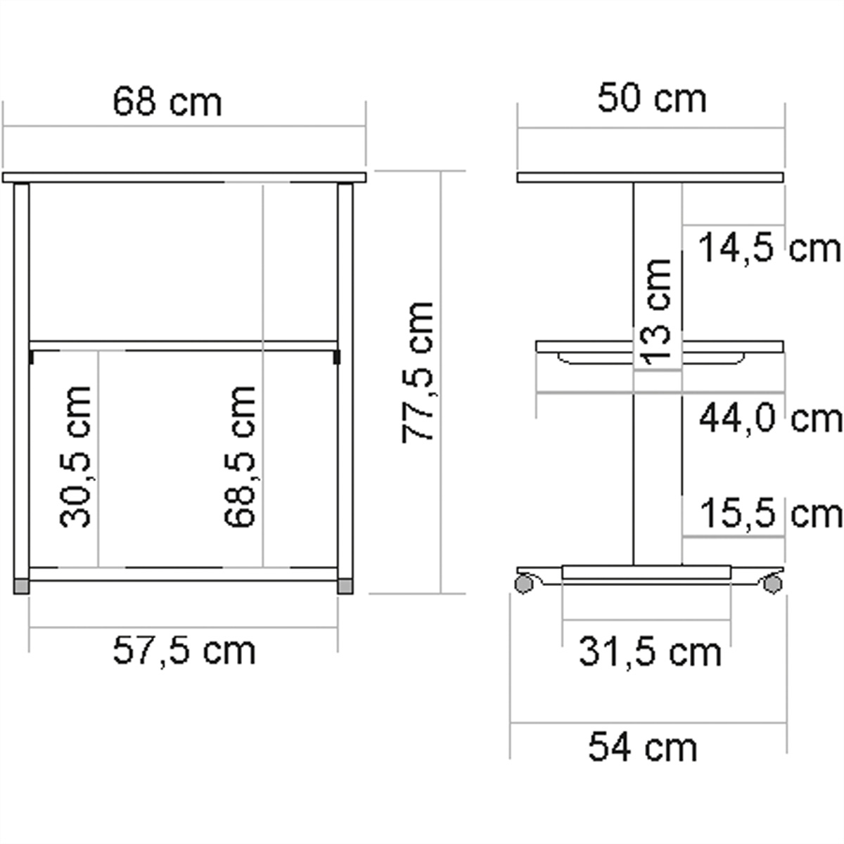 Diagramm eines Tisches mit zwei Regalen auf weißem Hintergrund mit cm-Abmessungen.