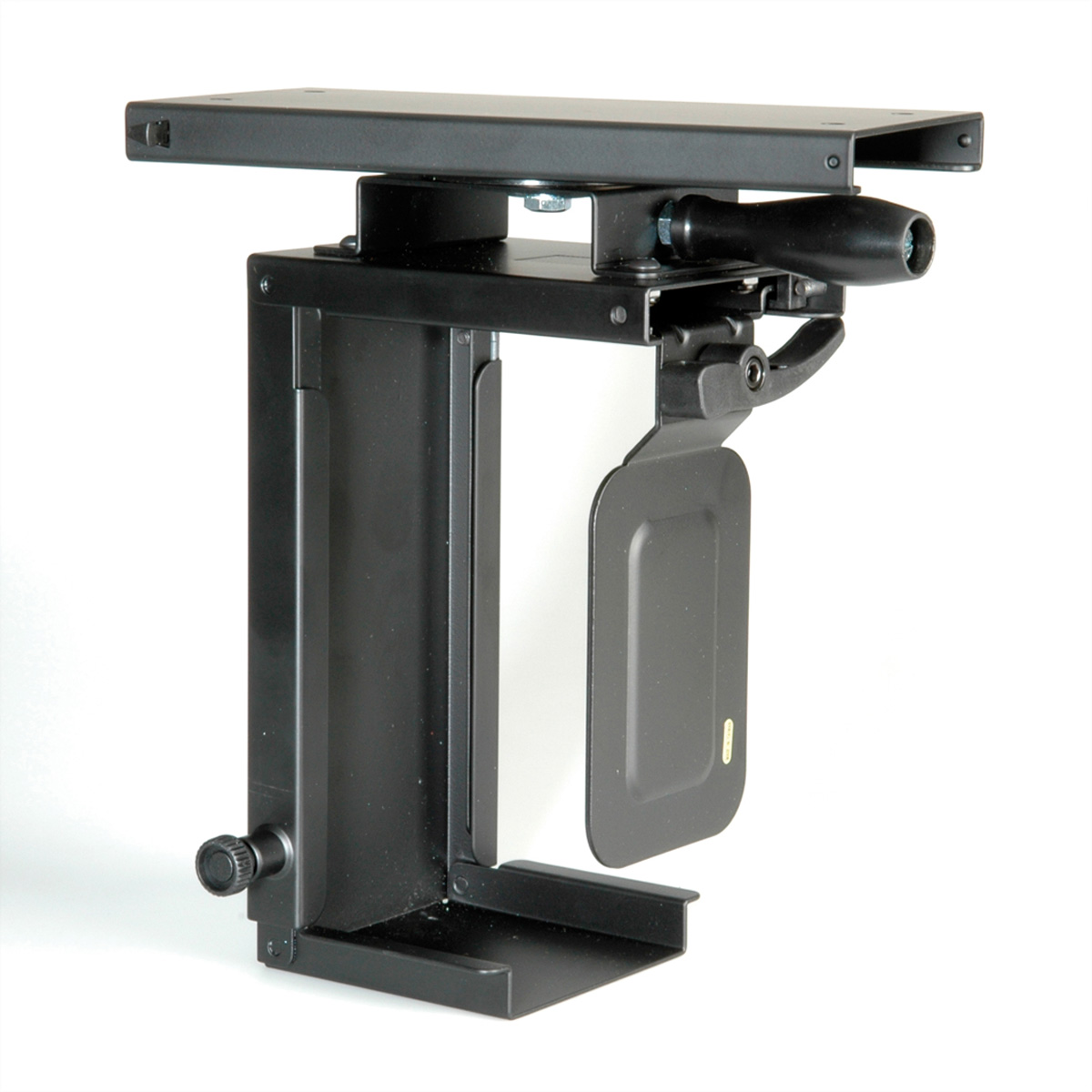 Black metal computer mount bracket with adjustable features.