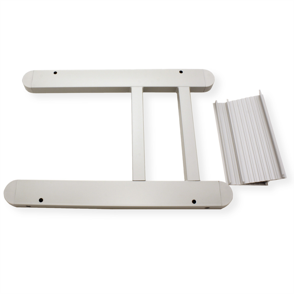 White metal frame, two long bars connected by two shorter bars and a metal piece.