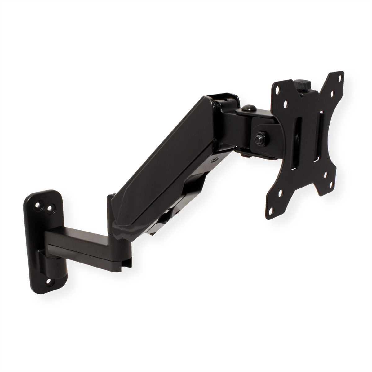 Eine schwarze Monitorhalterung. Es ist ein Wandarm mit verstellbaren Gelenken.