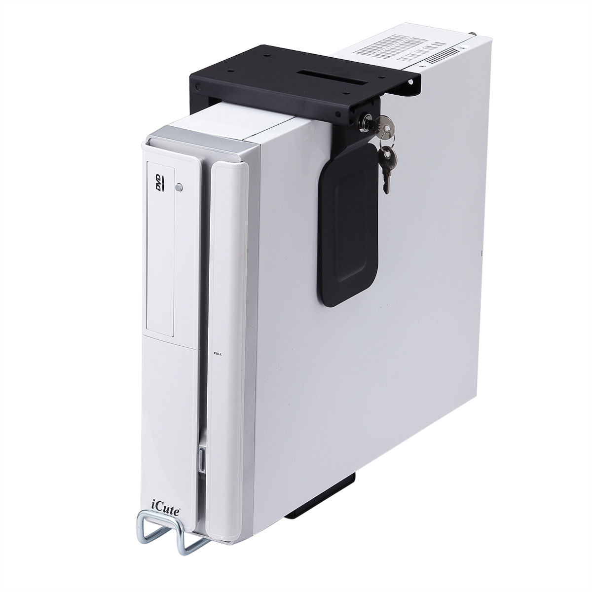 White computer case with a black bracket and keys. It has a DVD drive and iCute branding.