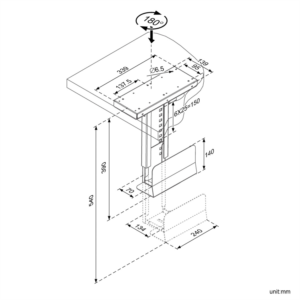 Isometric drawing of a black desk mount. Dimensions and arrows are included. White background.