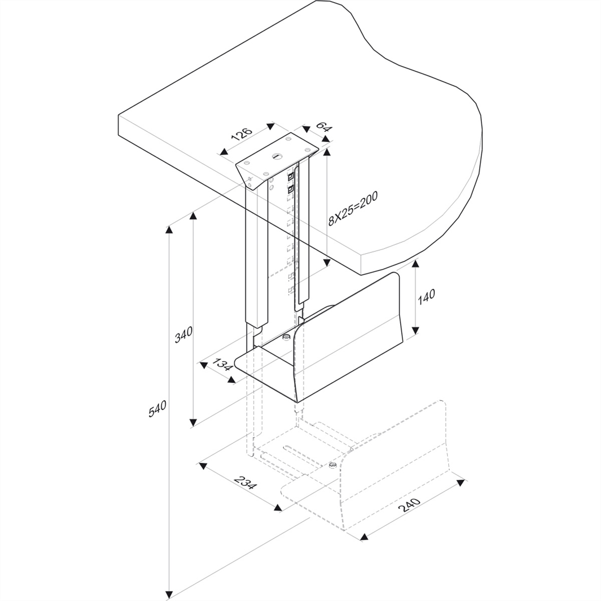 Diagramm einer Schreibtischhalterung mit Maßen. Zeigt Mechanismus unter einem Schreibtisch.