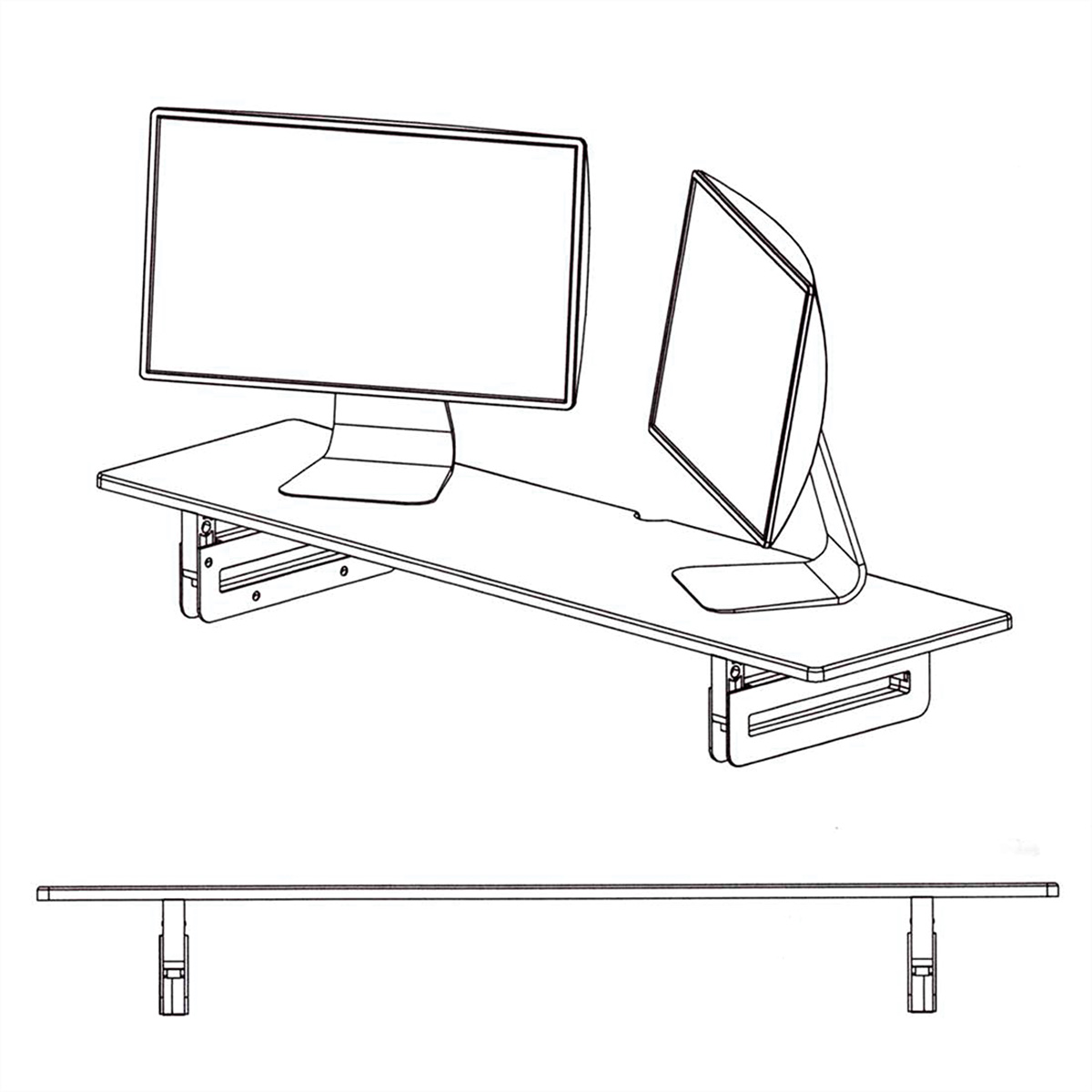 Strichzeichnung eines Schreibtisches mit zwei Monitoren, einem unteren Regal und Halterungen, alles in Schwarzweiß.
