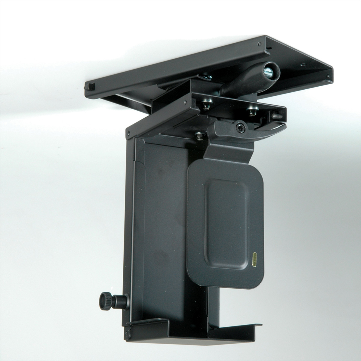 Black ceiling-mounted projector mount with various adjustment points.