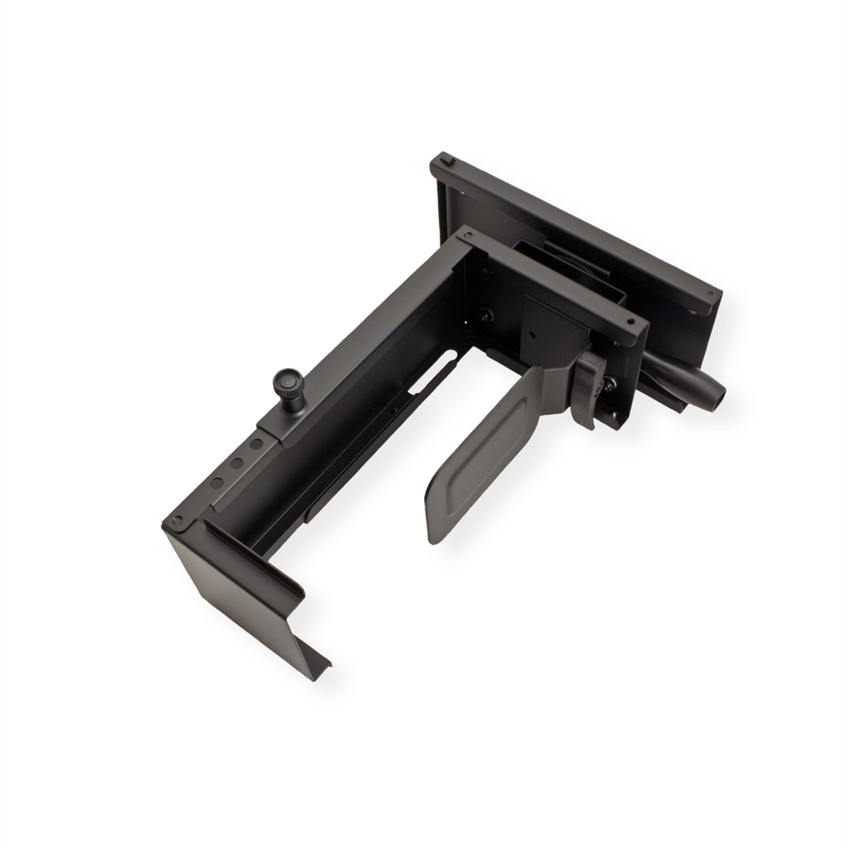 Black metal bracket for mounting, with adjustable arms and a screw.