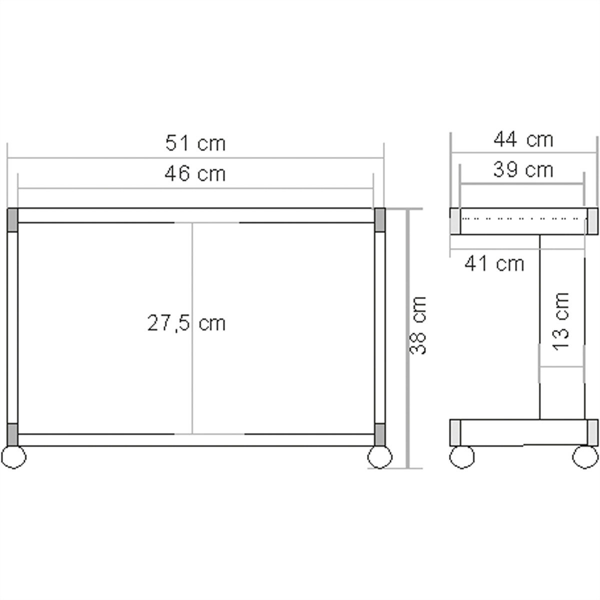 Technical drawing of a cart with dimensions in centimeters, on a white background.