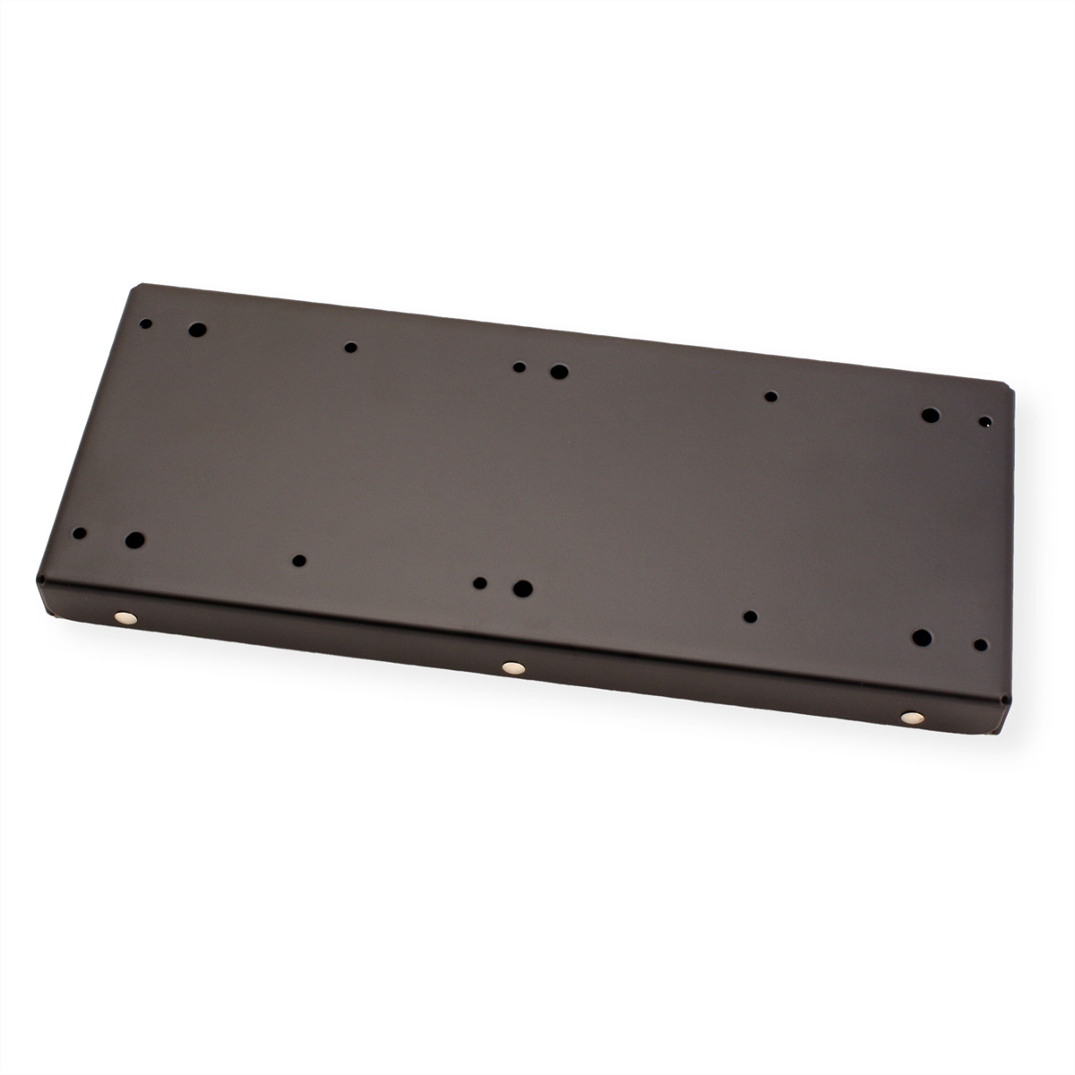 Black metal plate with holes. It has a rectangular shape with rounded corners. Holes are placed along the edges.