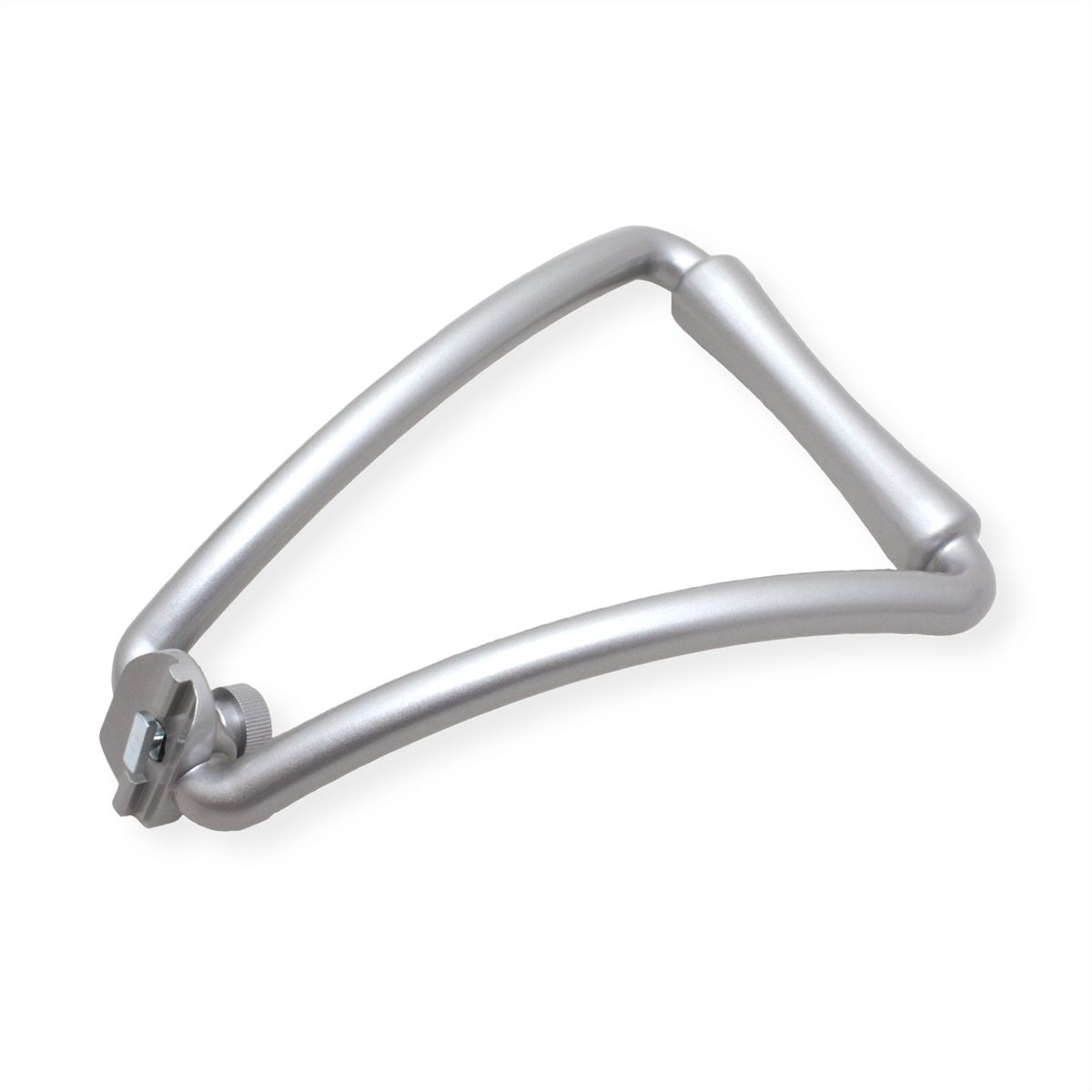 Ein silberfarbener, gebogener Metallgriff. Er hat eine dreieckige Form mit einer Schraube in der Mitte.