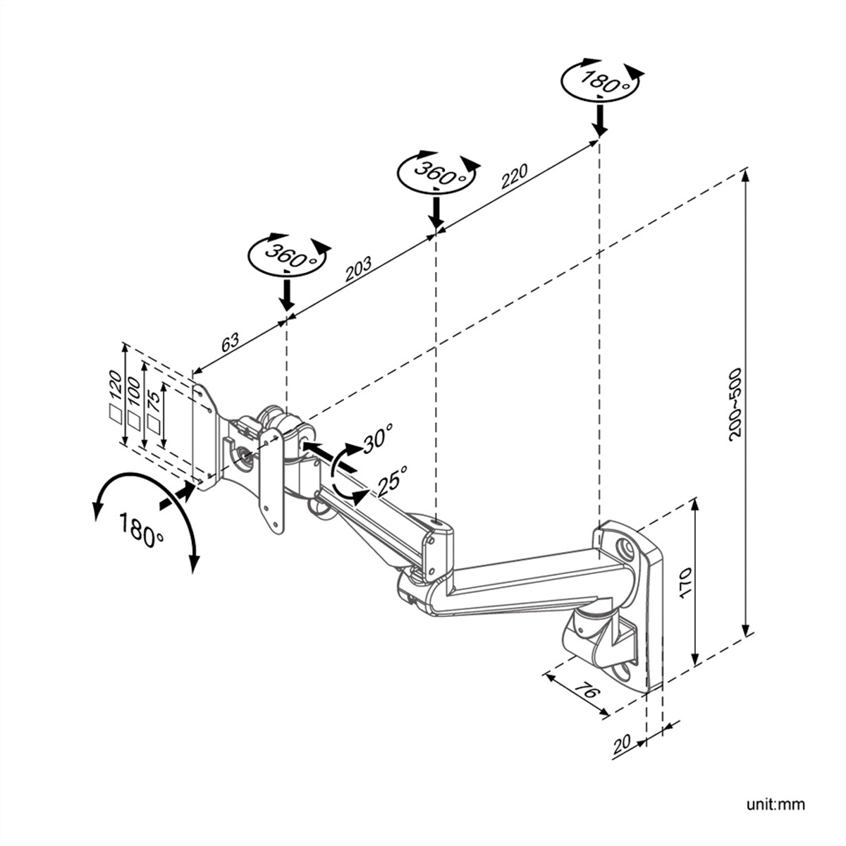 Isometrische Ansicht eines Monitorarms mit Maßen und Drehwinkeln. Weißer Hintergrund.