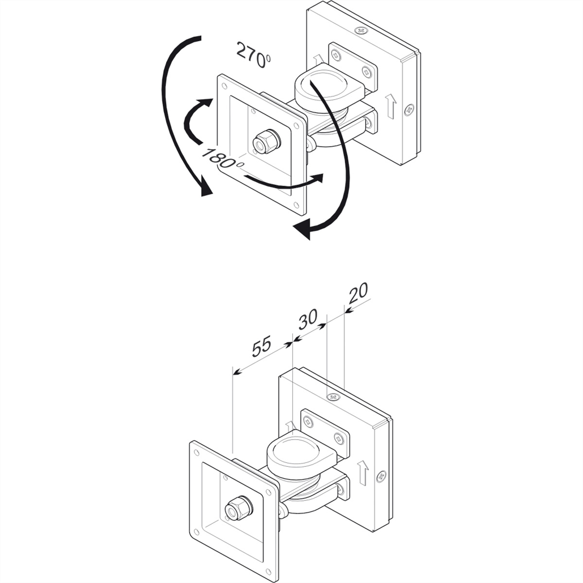 Diagramm einer Metallhalterung mit drehbaren Teilen, das die Drehwinkel zeigt.