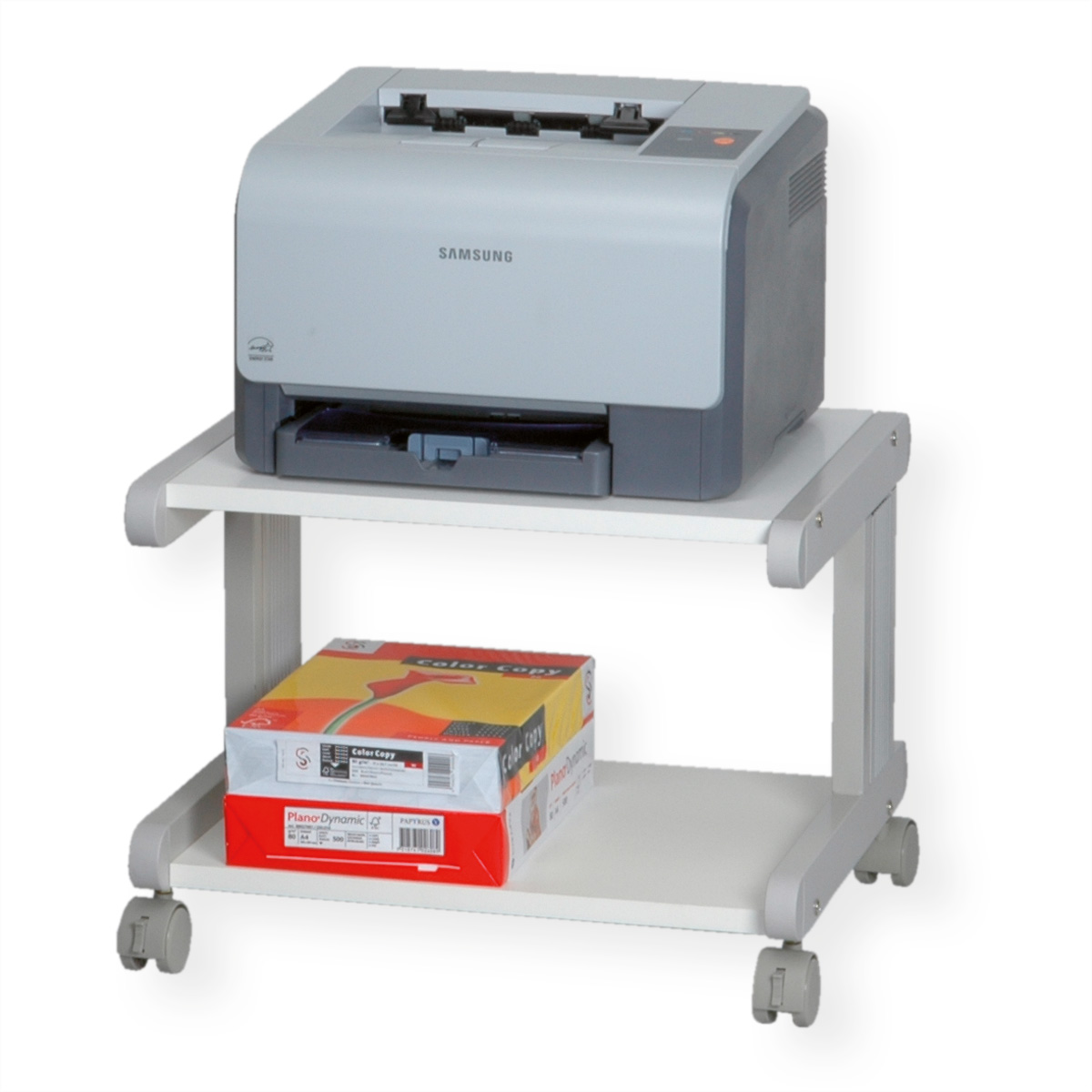 A printer on a white cart with a box of paper on the bottom shelf, against a white background.