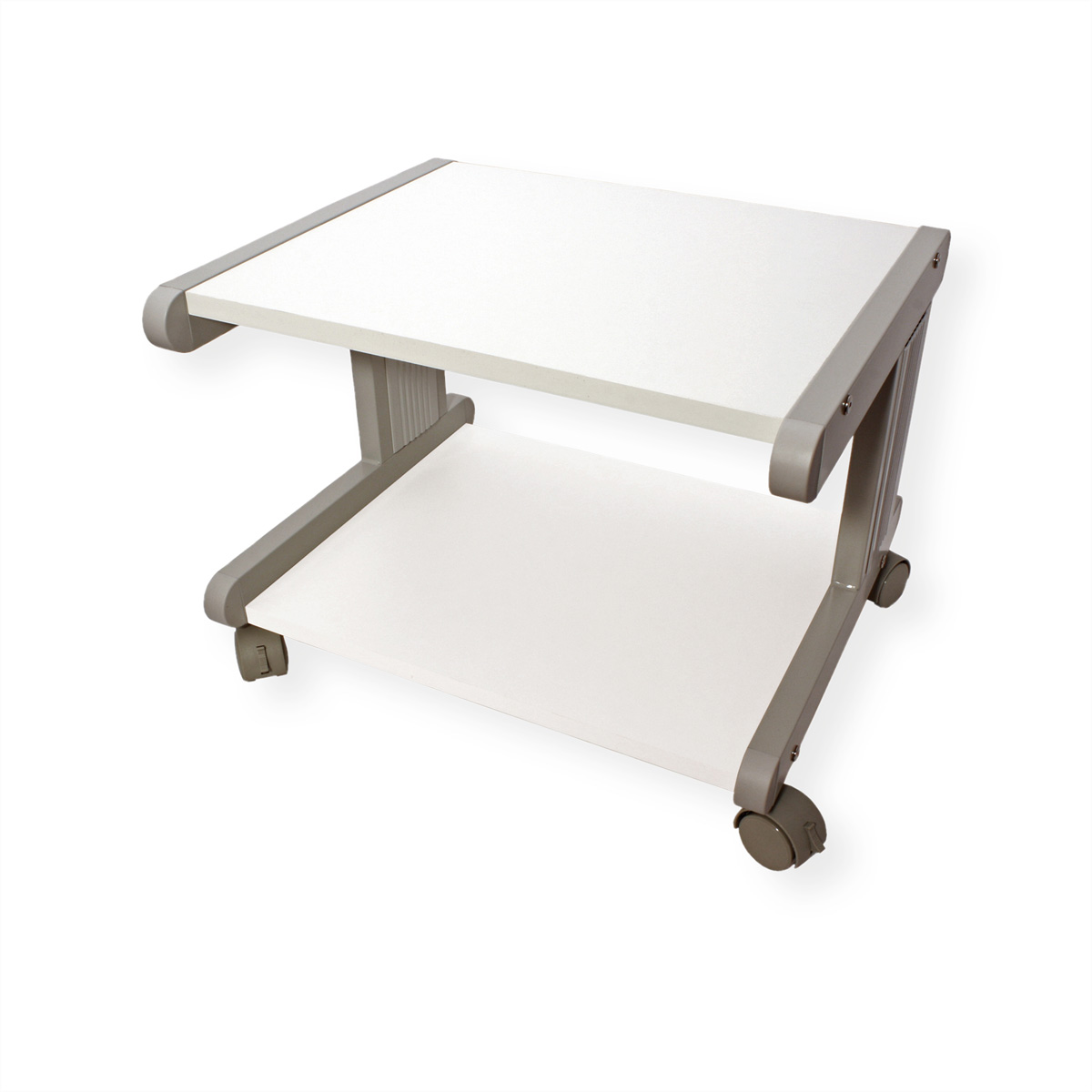 White and grey computer stand. Two shelves, on wheels. White background.