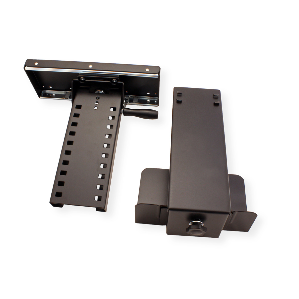 Black metal bracket for mounting, white background.