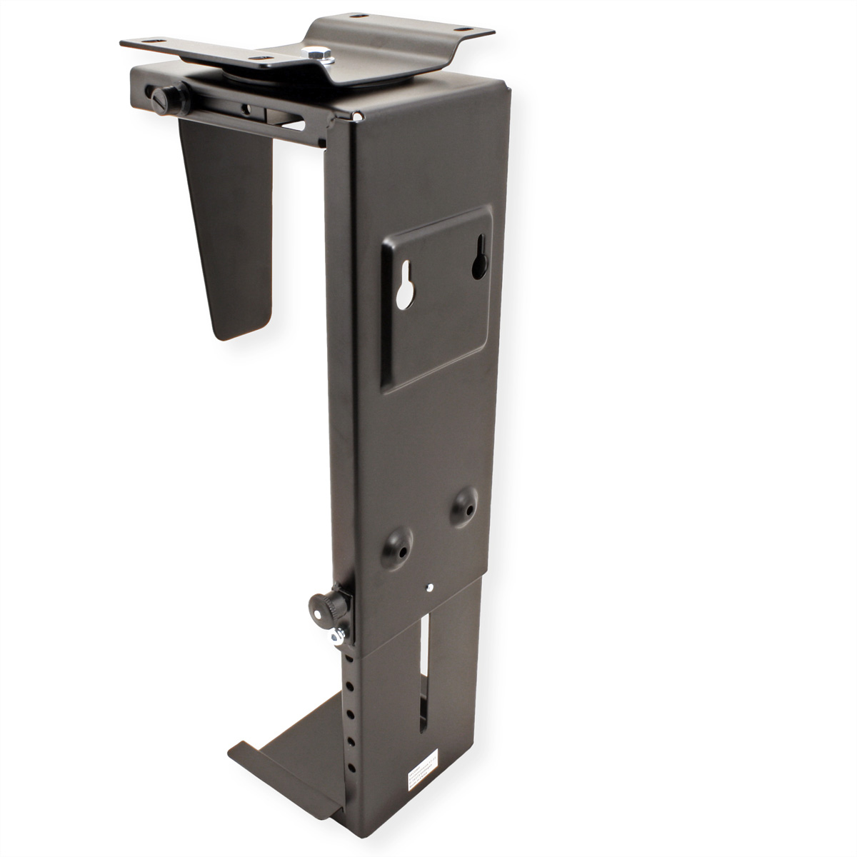 Black PC case mount bracket for a desk. It has a vertical design with adjustment options.