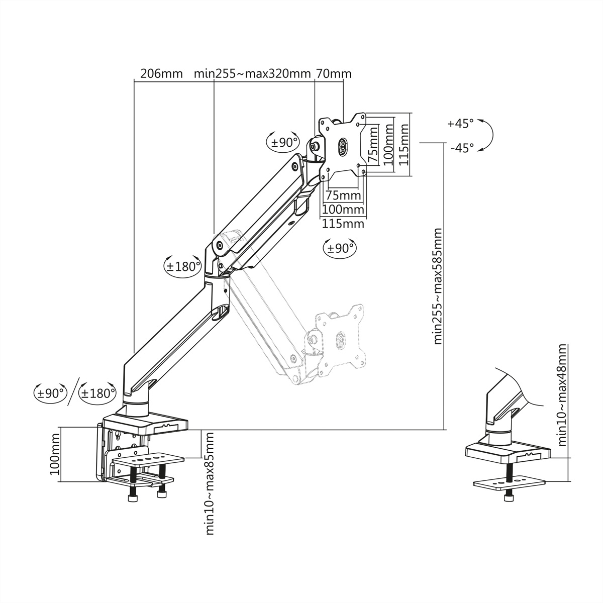Diagramm eines Monitorarms mit Maßen. Es zeigt verstellbare Arme und eine Klemmbasis mit Abmessungen.