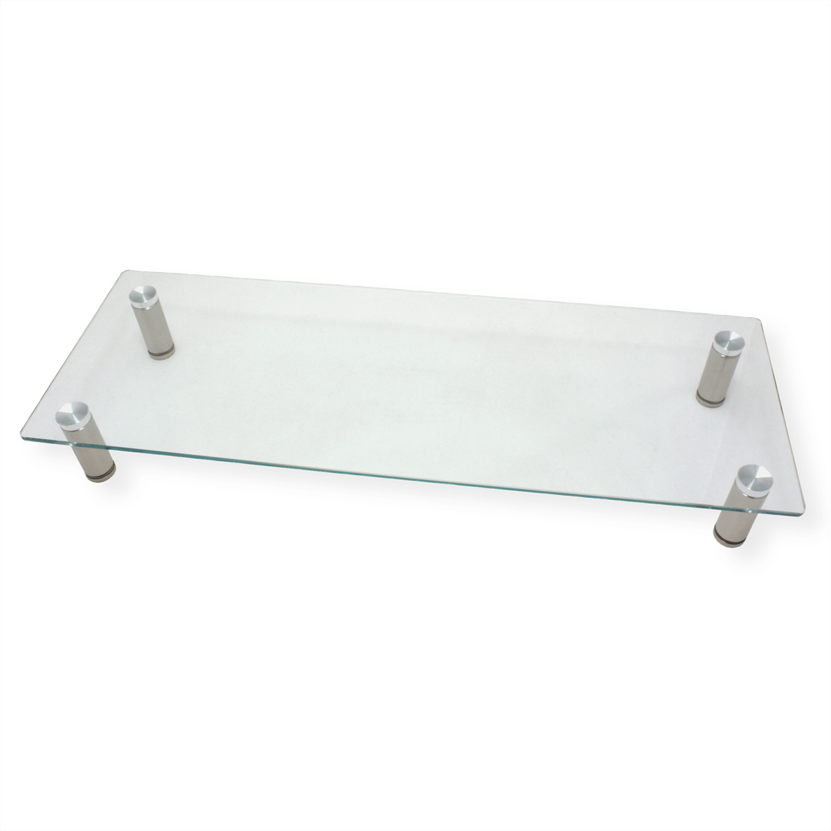 Ein klares Glasregal mit vier silbernen Pfosten. Es ist rechteckig und horizontal.
