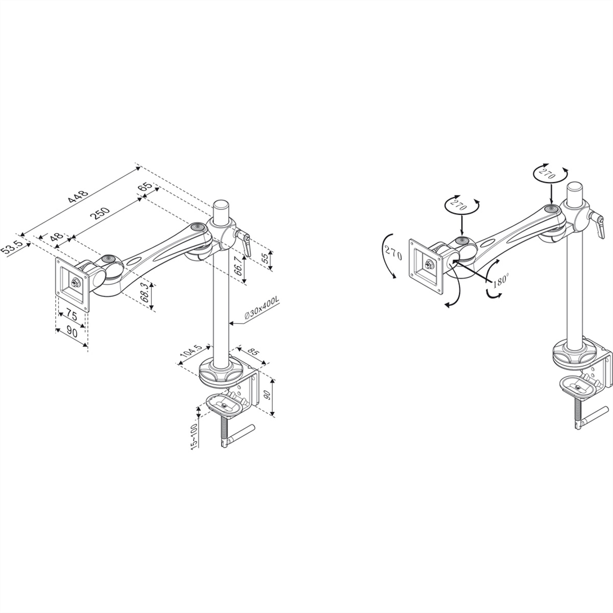 Technische Zeichnung eines Monitorarms mit Maßen und Drehwinkeln.