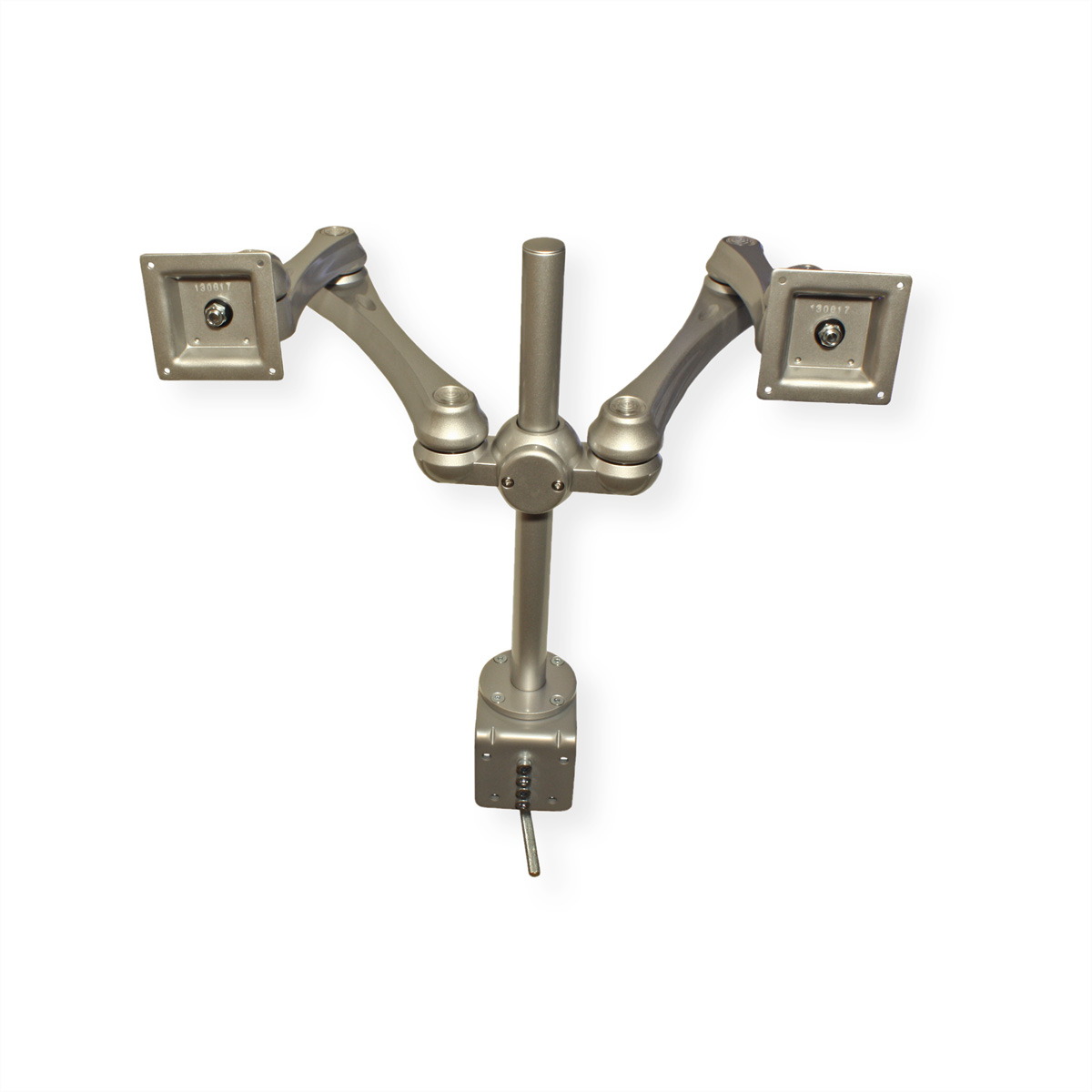Silver dual monitor arm with two screens attached, on a white background.