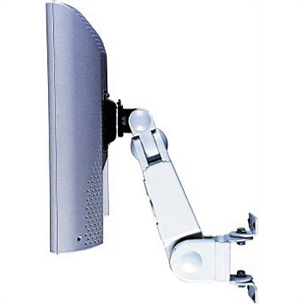 Ein silberner Computermonitor ist an einem weißen, verstellbaren Arm befestigt.