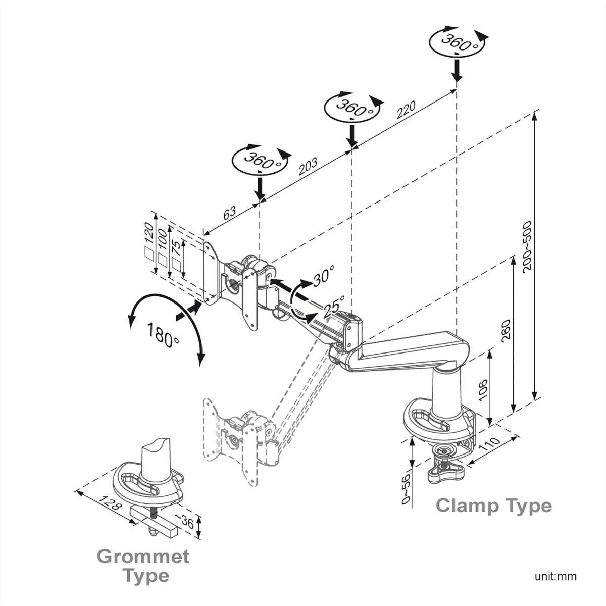 Diagramma di un braccio per monitor con dimensioni, mostra morsetto e supporto passacavo.