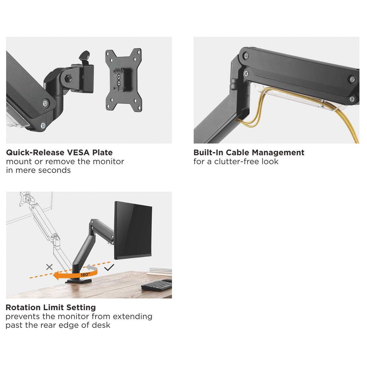 Nahaufnahmen zeigen die Details des Monitorarms. Inklusive VESA-Platte, Kabelmanagement und Rotationsbegrenzung.