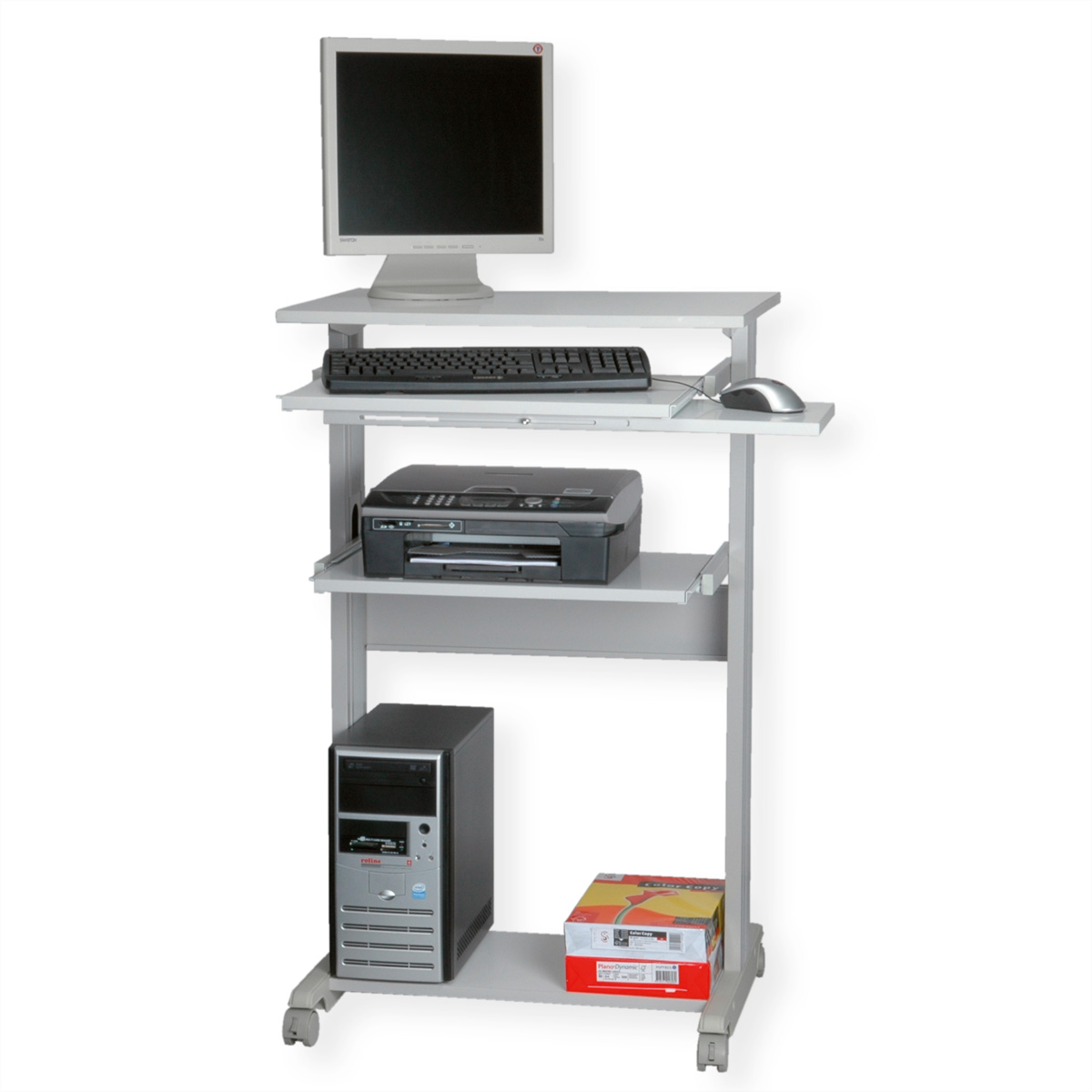 Computerwagen mit Monitor, Tastatur, Drucker und Turm.