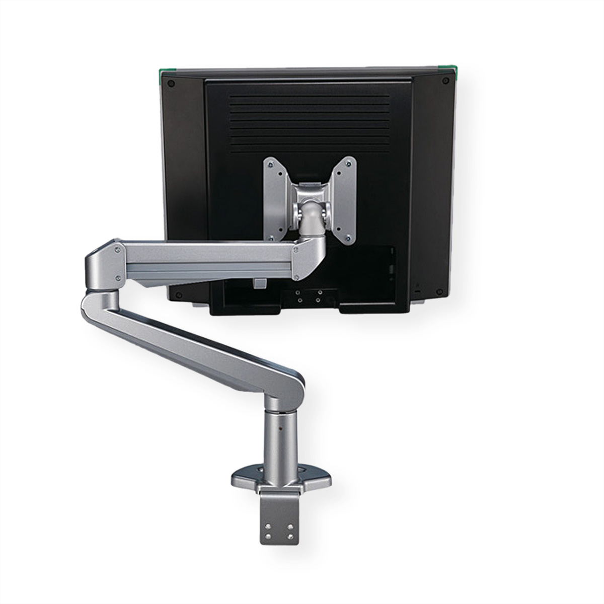 Braccio monitor argento collegato a un monitor e una base, su sfondo bianco.