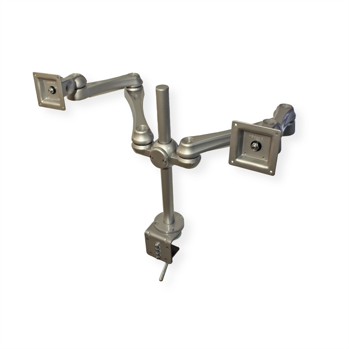 Silver dual monitor arm. Two screens mount on the arm, which attaches to a base with a clamp.