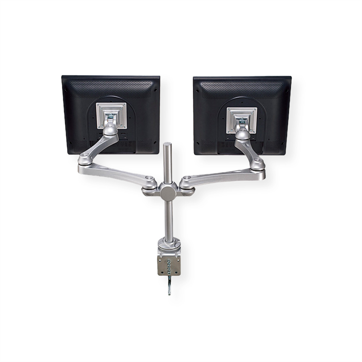 Two monitors mounted on a silver dual monitor arm, with a clamp base, against a white backdrop.