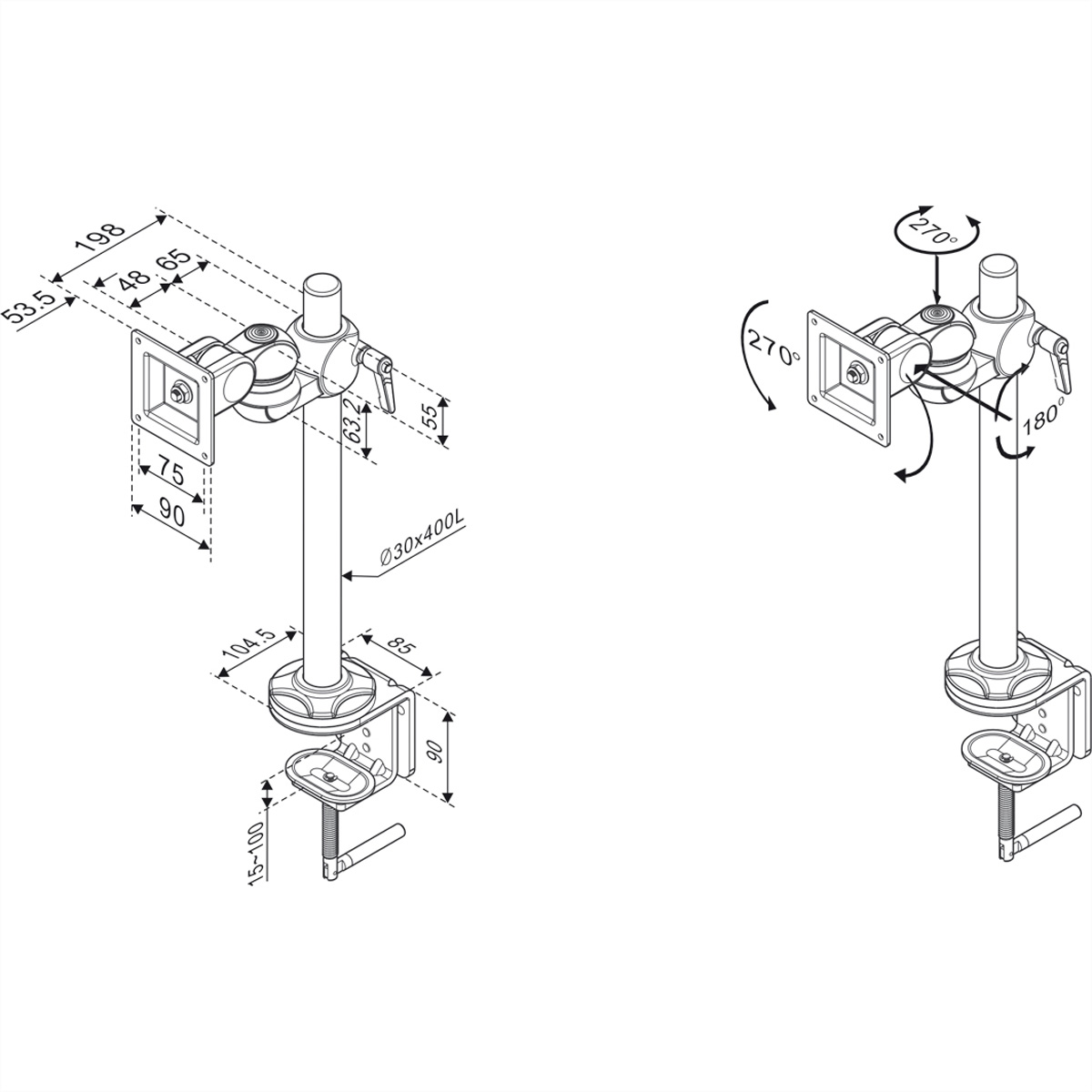 Diagram of a monitor arm, with dimensions and rotation degrees indicated for setup.