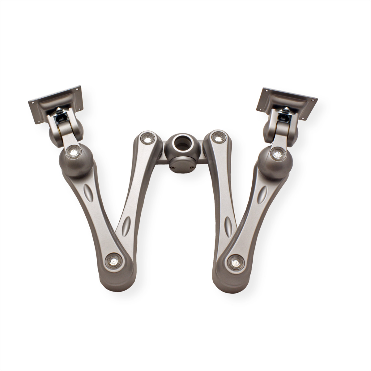 Silver dual monitor arm on a white background.
