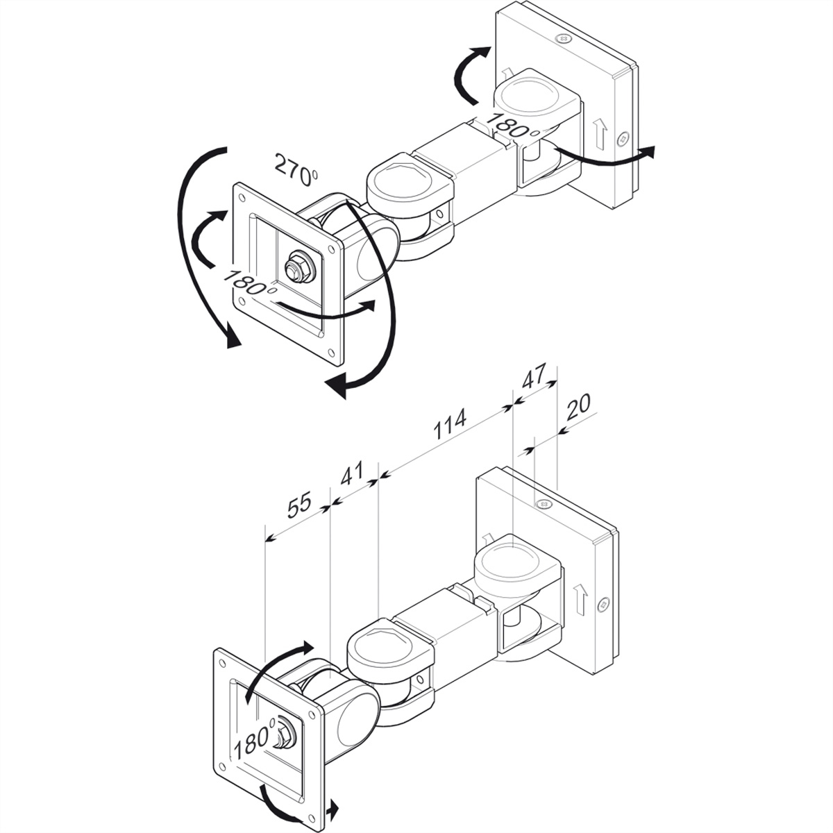 Diagram van monitorbevestiging, met afmetingen en pijlen voor aanpassing.