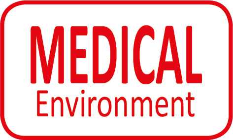 Rotes Rechteck mit weißem Text: MEDICAL, Environment.